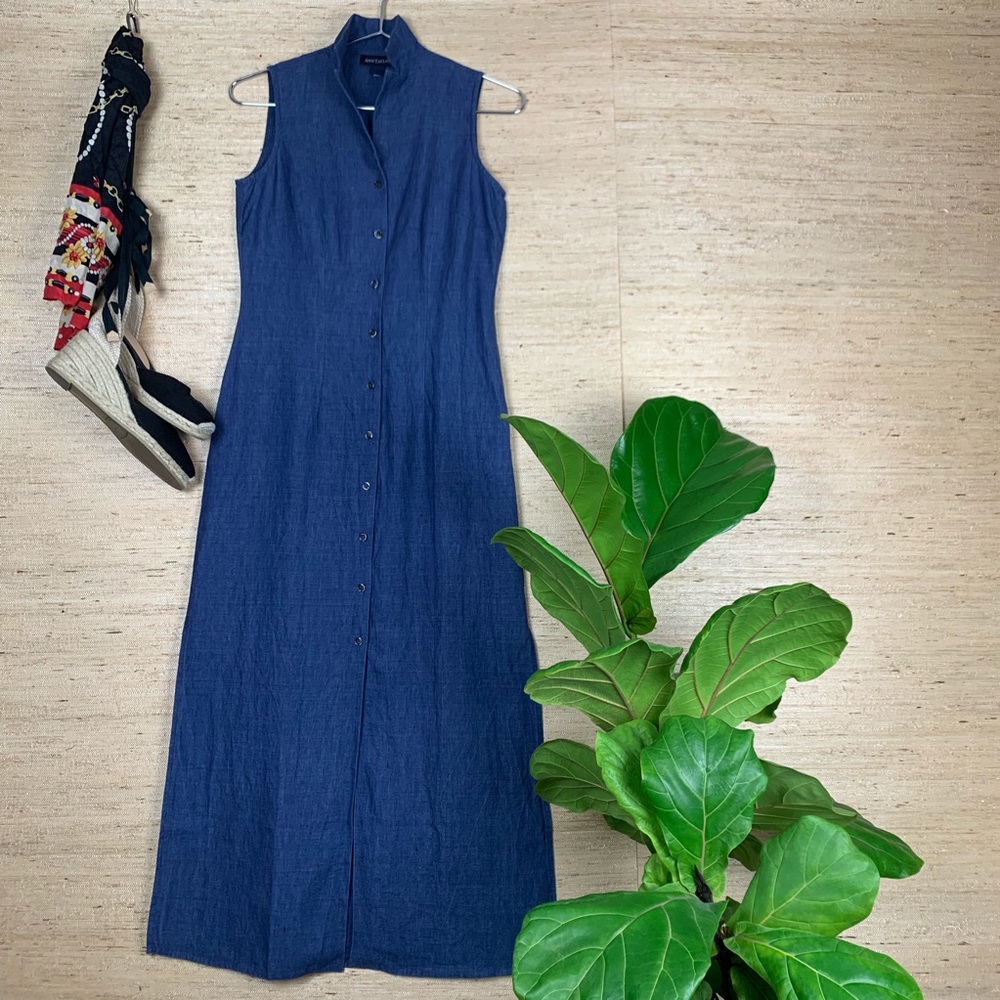 Ann Taylor Chambray Sleeveless Linen Maxi Dress